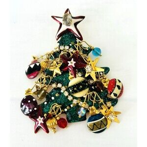 Lunch At The Ritz LATR Christmas Tree Brooch Enamel Rhinestone Pin Pendant